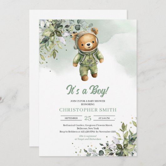 ボーホユーカリプタテディベア宇宙飛行士ニュートラル 招待状 (正面/裏面)
