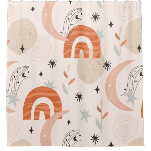 ボーホレインボー抽象芸術ラインアートムーンスター花 シャワーカーテン (正面)