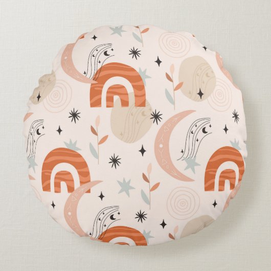 ボーホレインボー抽象芸術ラインアートムーンスター花 ラウンドクッション (正面)