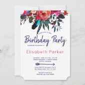 ボーホレッド海軍ブルーフローラブーケ誕生日パーティー 招待状 (正面)