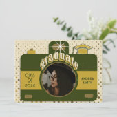 ボーホレトロ卒業パーティー 写真を追加 かわいいヴィンテージドット 招待状 (スタンド正面)