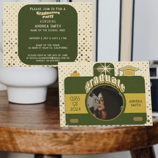 ボーホレトロ卒業パーティー 写真を追加 かわいいヴィンテージドット 招待状