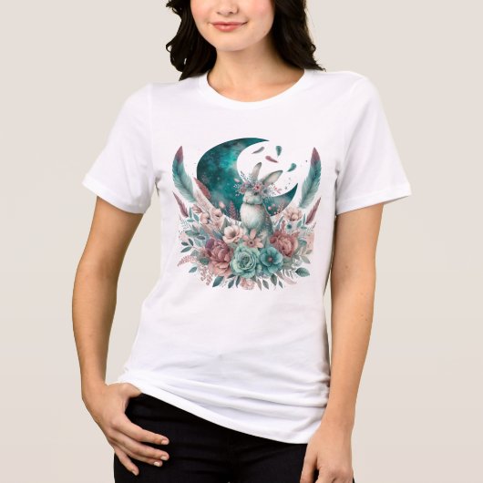 ボーホーうさぎTシャツ 月と花 トライブレンドTシャツ (正面)