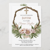 ボーホーなクリスマスの木製リース 洗礼式 招待状 (正面/裏面)