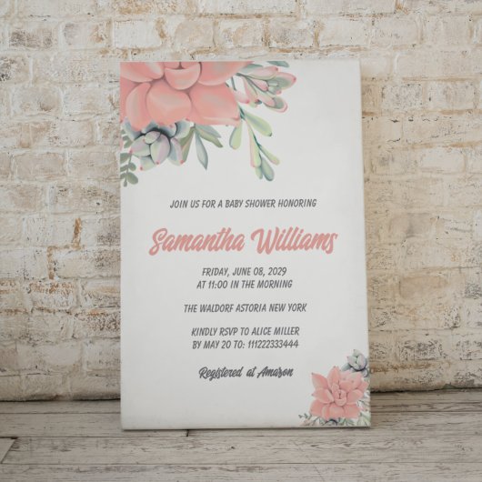 ボーホーなスイレンと多肉植物の水彩グリーン コーラル ベイビー シャワー 招待状