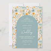 ボーホーなダスティーブルーと黄色のワイルドフラワーがアーチを描く 招待状 (正面)