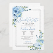 ボーホーなダスティーブルーの花飾りシルバーフレーム独身最後の夜 招待状 (正面/裏面)