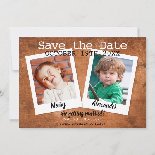 ボーホーな子供時代の写真でセーブ・ザ・デート ヴィンテージウッド 招待状 (正面)