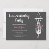 ボーホーな家の植物の花のグレーとピンクの新築祝い 招待状 (正面)