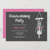 ボーホーな家の植物 フローラル グレー ピンク お祝い 招待状 (正面/裏面)