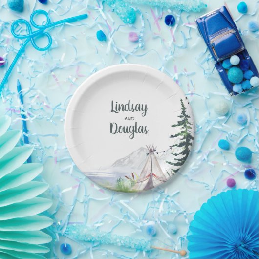 ボーホーな山岳 木のぬくもりあふれる冒険ウェディング ペーパープレート (パーティー)