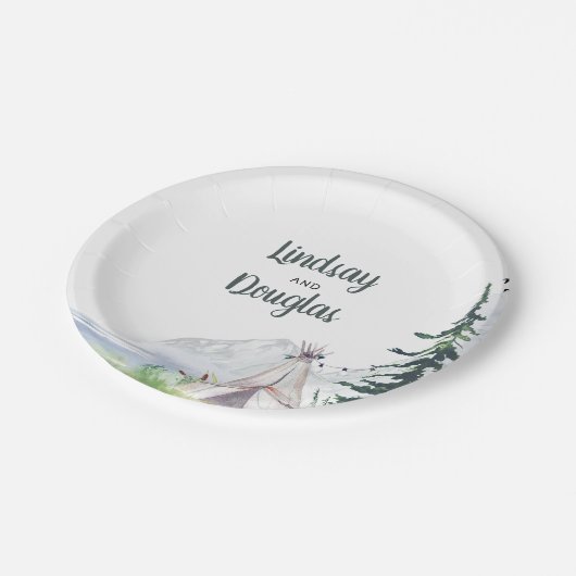 ボーホーな山岳 木のぬくもりあふれる冒険ウェディング ペーパープレート (アングル)