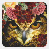ボーホーな森のフクロウ アーティスティック ヴィンテージ レッド ピンク フラワー スクエアシール (正面)