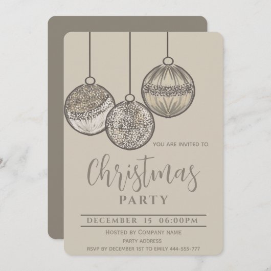 ボーホーな水彩タッチのクリスマスボールを使った企業のホリデーシーズン 招待状 (正面/裏面)