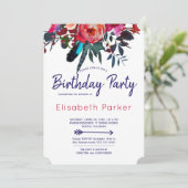 ボーホーな赤とネイビーブルーの花束の誕生日パーティー 招待状 (スタンド正面)