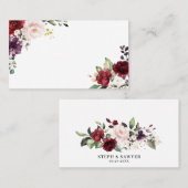 ボーホーな赤と紫の水彩花のウェディング プレイスカード (正面/裏面)