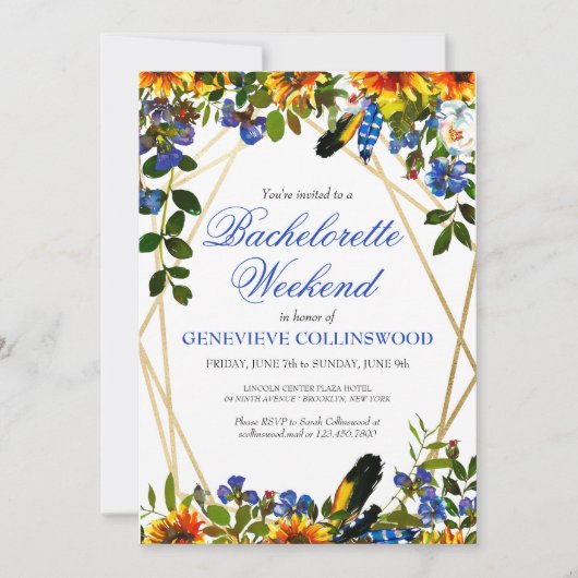 ボーホーひまわりブルー独身最後の週末予定表 招待状 (正面)