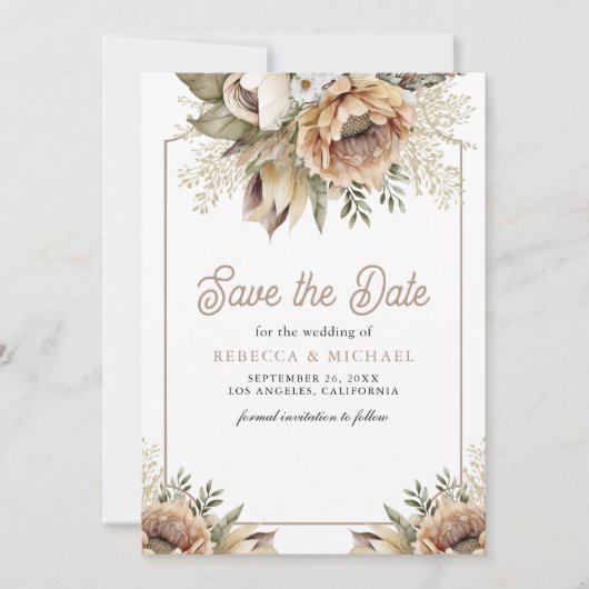 ボーホーアースィー フローラル タウペ フォト ウェディング セーブザデート (正面)