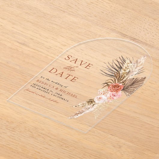 ボーホーアーステイな花飾り パンパス ウェディング セーブ・ザ・デート アクリル招待状 (レイダウン)