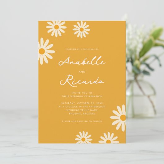 ボーホーイエローデイジーヒッピーのQRコード写真ウェディング 招待状 (スタンド正面)