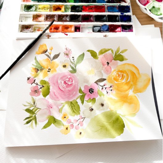 ボーホーイエロー ピンクの花のアーチがおしゃれなウェディング セーブザデート