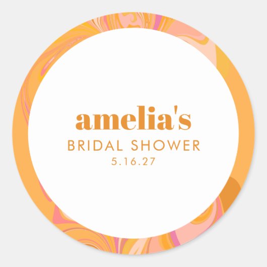 ボーホーイエロー ピンク マーブル カスタム ブライダル シャワー ネーム ラウンドシール (正面)