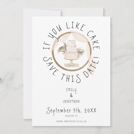 ボーホーウェディングの楽しいお知らせ ピンクのケーキが好きならこの日を救って セーブザデート (正面)