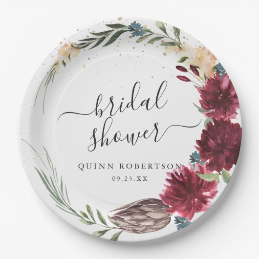 ボーホーウォーターカラーオータムフラワーブライダルシャワー ペーパープレート (正面)