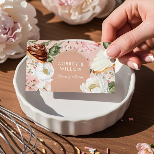 ボーホーエレガント ウォーターカラー フローラル カップケーキ ベーカリー 名刺