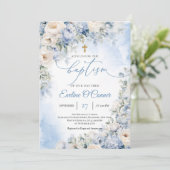 ボーホーエレガント ダスティーブルーとアイボリーの花の洗礼 招待状 (スタンド正面)