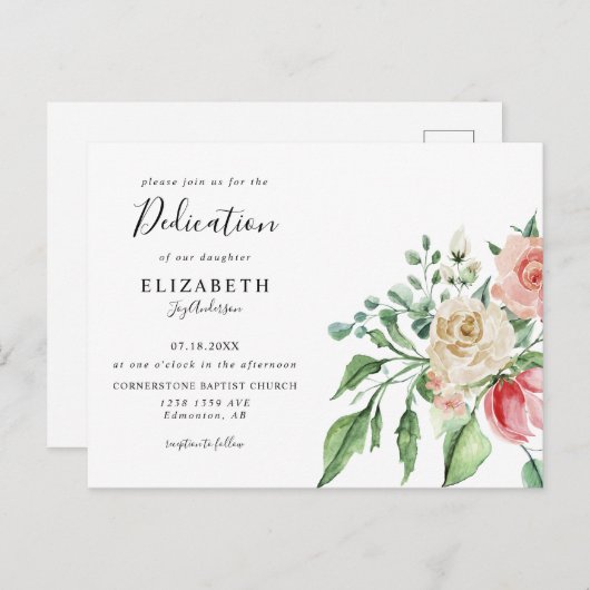 ボーホーエレガント ピンク ローズ ウォーターカラー ベビー デディケーション ポストカード (正面/裏面)