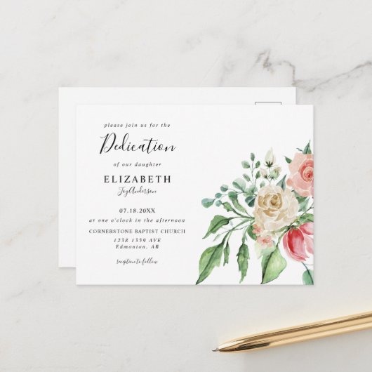 ボーホーエレガント ピンク ローズ ウォーターカラー ベビー デディケーション ポストカード (正面/裏面インサイチュ)