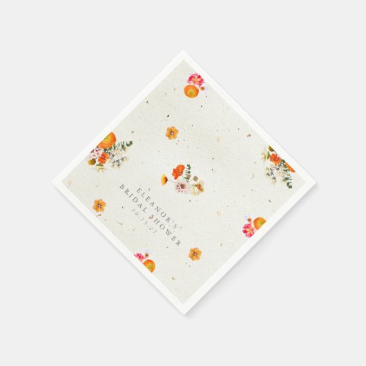 ボーホーオレンジ コテージコア フラワーブライダルシャワー ネーム スタンダードカクテルナプキン (角)