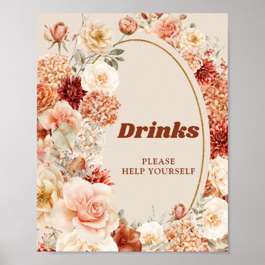 ボーホーオータムガーデンのスパイスオレンジ ベージュ ラスト ドリンク ポスター (正面)