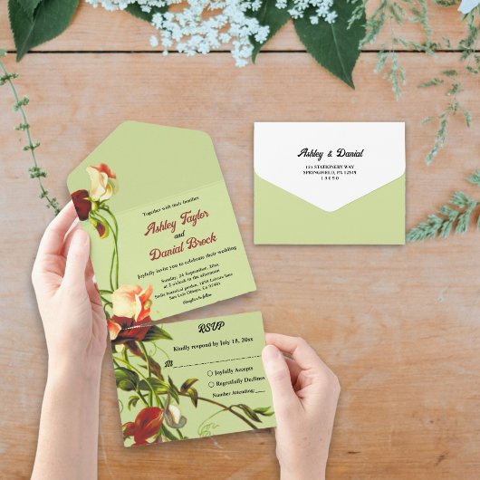 ボーホーオータム セージグリーン ラスティック フォール フローラル ウェディング オールインワン招待状