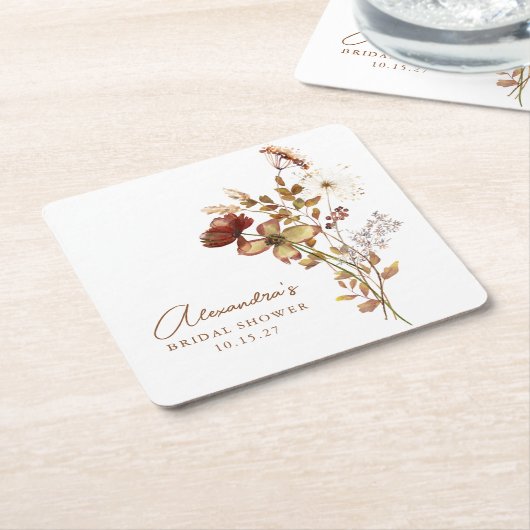 ボーホーカスタム アースィ ネイチャー ボタニカル ブライダルシャワー スクエアペーパーコースター (アングル)
