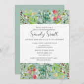 ボーホーグリーンの葉と野の花の花嫁シャワー 招待状 (正面/裏面)