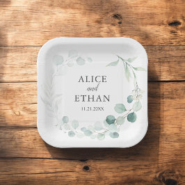 ボーホーグリーンイucalyptusのウェディング ペーパープレート