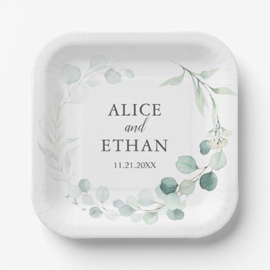 ボーホーグリーンイucalyptusのウェディング ペーパープレート (正面)