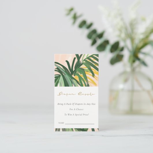 ボーホーグリーントロピカルパームおむつくじ引きベビーシャワー エンクロージャーカード (スタンド正面)