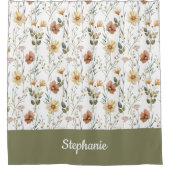 ボーホーグリーン水彩花柄モノグラム名前 シャワーカーテン (正面)