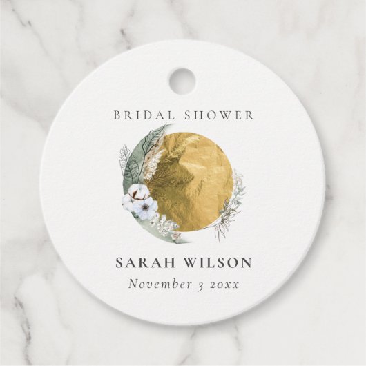 ボーホーゴールド サーガグリーン フラワーリース ブライダルシャワー フェイバータグ (正面)