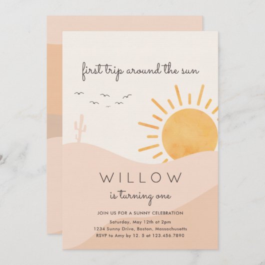 ボーホーサンシャイン1歳お誕生日 招待状 (正面/裏面)