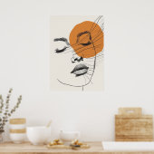 ボーホースタイルの女性の顔と太陽、ラインアート ポスター (キッチン)