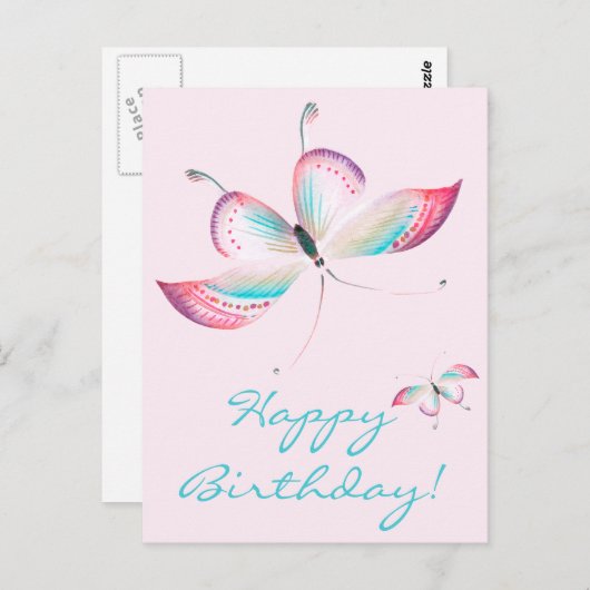 ボーホーバタフライ | エレガントなピンクの誕生日ポストカード ポストカード (正面/裏面)