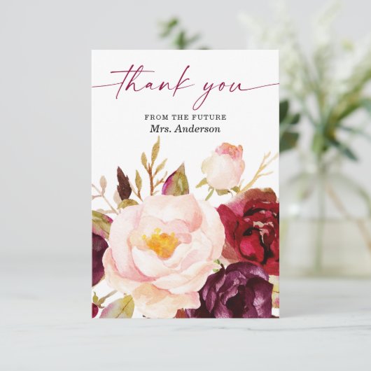 ボーホーバレンタインブルガundy フラワーブライダルシャワー感謝カード サンキューカード (スタンド正面)