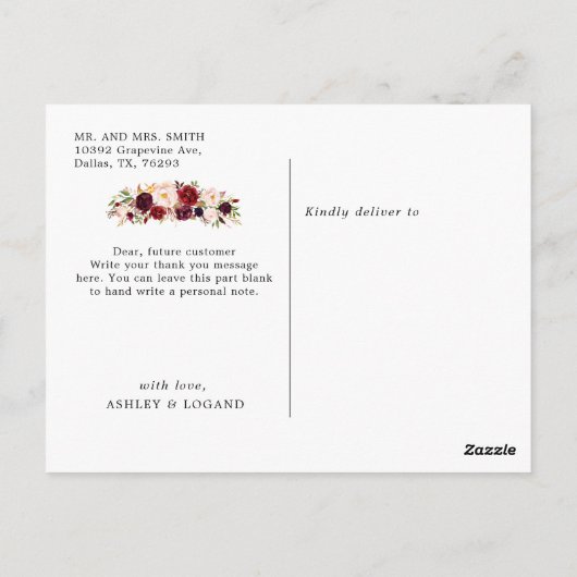 ボーホーバーズガンディーフラワーの結婚式のお礼 ポストカード (裏面)