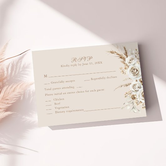 ボーホーパンパスグラスとホワイトローズの結婚式出欠確認カード 出欠カード