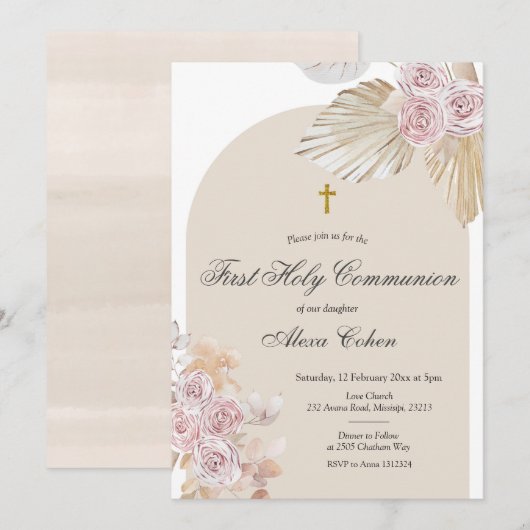 ボーホーパンパスグラス 初聖体 招待状 (正面/裏面)