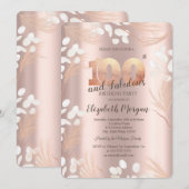 ボーホーパンパス フラワー ローズゴールド 100歳の誕生日 招待状 (正面/裏面)